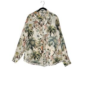 H&M Womens Tropical Palm Bird Floral Print Button Up Shirt 6 Silky Career Office